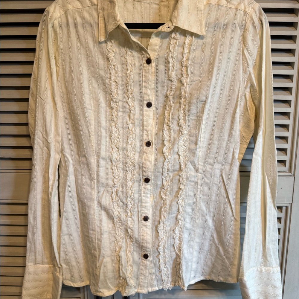 Maurices Cream Long Sleeve Ruffled Button Down Shirt